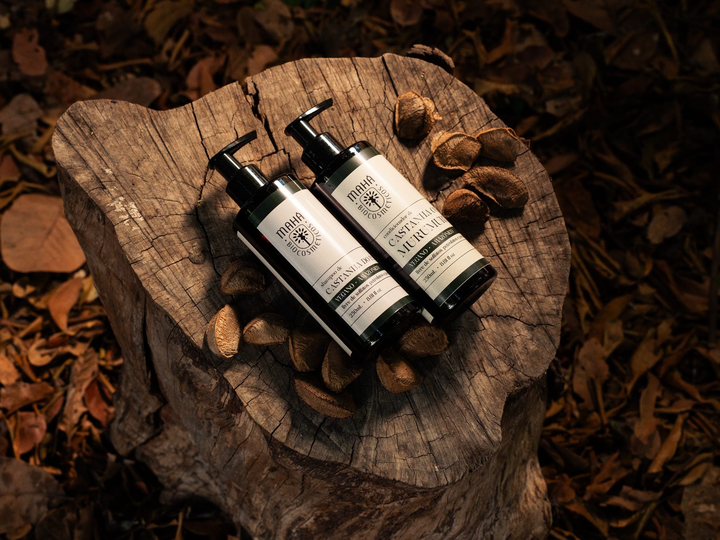 Shampoo e condicionador de Castanha com Murumuru sobre um tronco, cercados de castanhas